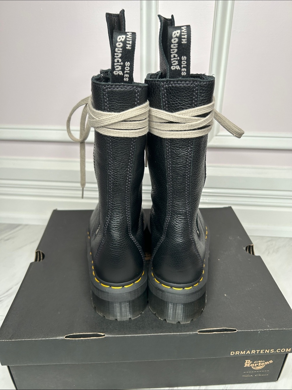Rick Owen’s X Dr. Martens Black Leather 1918 RO Quad Sole Calf Length Boots - Picture 6 of 8